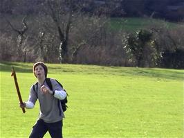 James attempts to catch a frisbee with his stick in Staverton Park